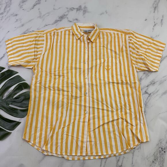 Basic Editions Womens Vintage 90s Button Up Shirt Size L Yellow White Stripe - Picture 1 of 11
